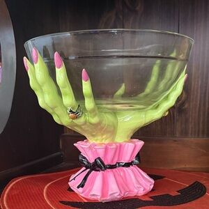 Green Witch Hand Candy Bowl with Pink Base